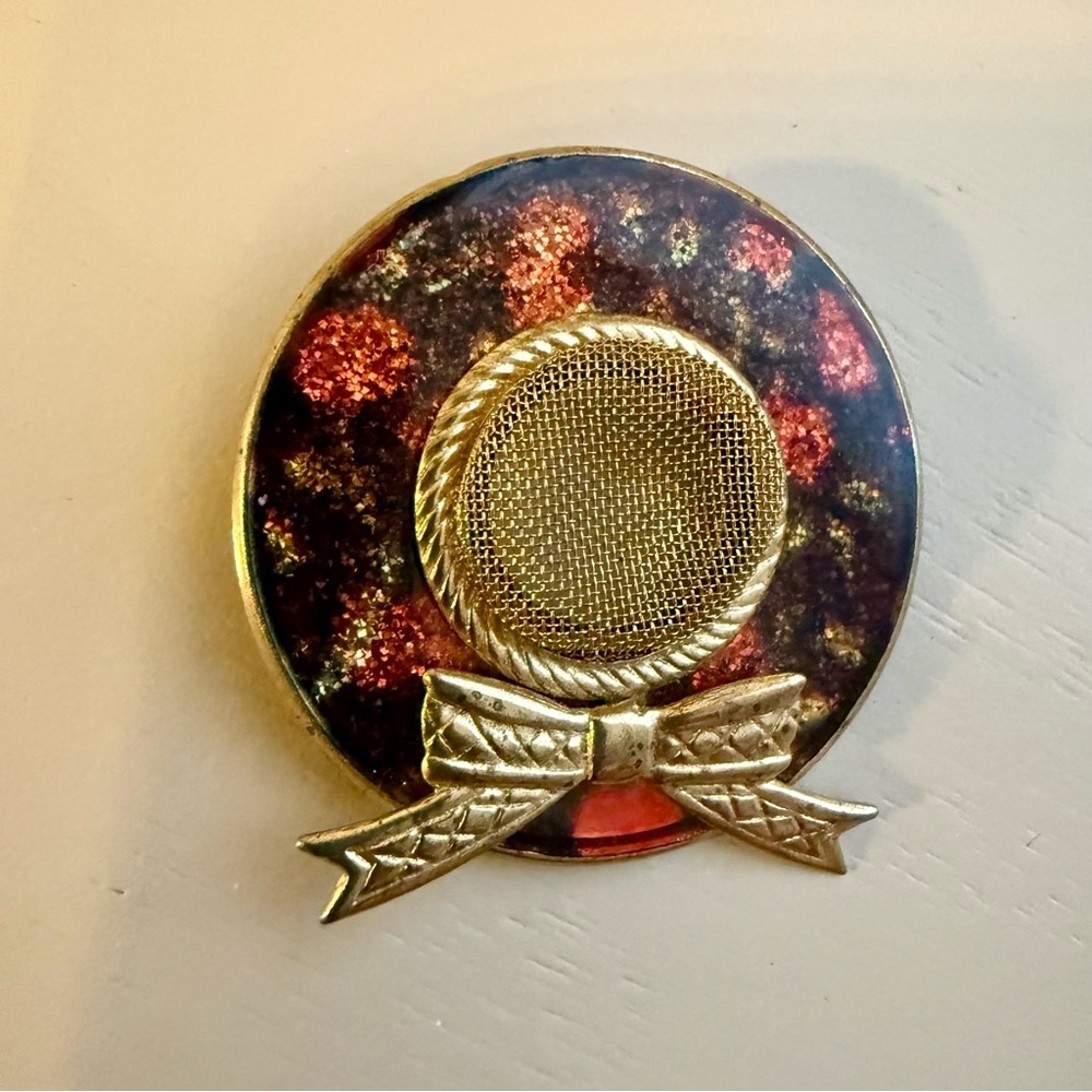 Vintage 80s Glitter Sun Hat Brooch Gold Tone Mesh Crown & Bow Grandmacore Boho